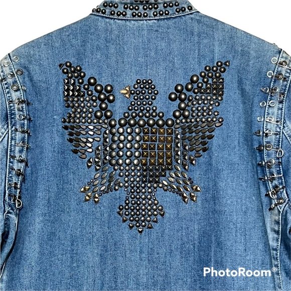 Double D Ranch Retro Denim Jacket Safety Pins Hooks Studs Eagle Plus Size 1X